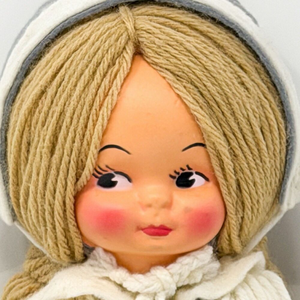 Vintage Folk Art Kitsch Yarn Doll Plastic Face Braided Hair Primitive Decor